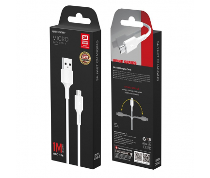 Cablu Date si Incarcare USB la MicroUSB WK-Design YouPin, 1 m, 3A, Alb WDC-136m 