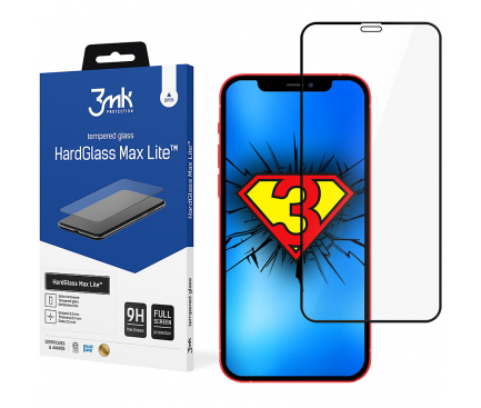 Folie Protectie Ecran 3MK HardGlass Max Lite pentru Apple iPhone 12 Pro Max, Sticla securizata, Full Face, Full Glue, MP, Neagra 
