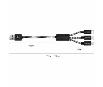 Cablu Incarcare USB - Lightning / USB Type-C / MicroUSB DUX DUCIS K-ONE Series, 1.2 m, 3 in 1, 2.4A, Negru 
