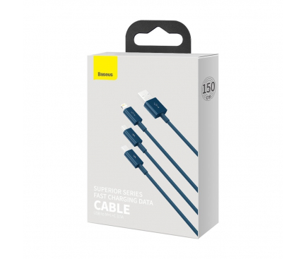 Cablu Incarcare USB - Lightning / USB Type-C / MicroUSB Baseus Superior Series, 1.5 m, 3.5A, Albastru CAMLTYS-03 