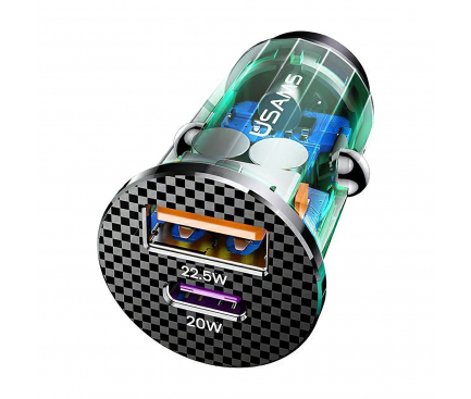 Incarcator Auto USB Usams C25, Quick Charge, 42.5W, 1 X USB - 1 X USB Tip-C, Gri Transparent CC127CC02 
