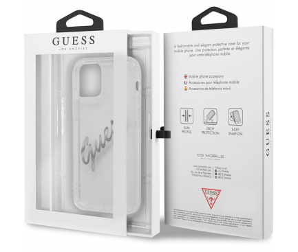 Husa pentru Apple iPhone 12 Pro Max, Guess, Vintage Script Silver Logo, Transparenta GUHCP12LKTRSVSI