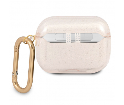 Husa Protectie Casti Guess Glitter pentru Apple AirPods 3, Aurie Transparenta GUA3UCG4GD 