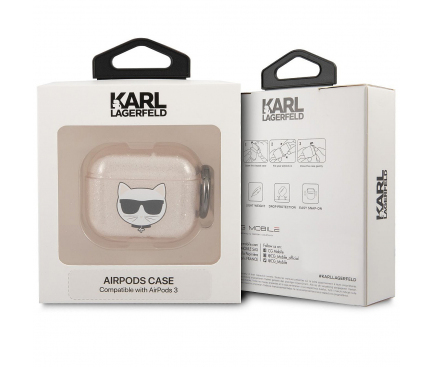 Husa Protectie Casti Karl Lagerfeld Glitter Choupette Head pentru Apple AirPods 3, Aurie KLA3UCHGD 