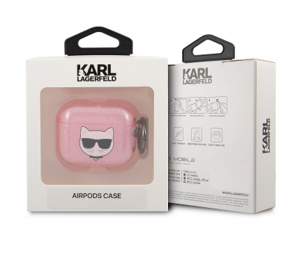 Husa Protectie Casti Karl Lagerfeld Glitter Choupette Head pentru Apple AirPods 3, Roz KLA3UCHGP 