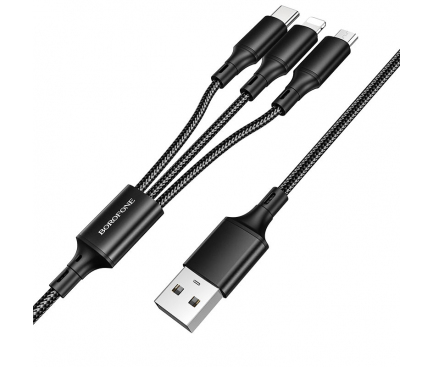 Cablu Incarcare USB la Lightning / USB Type-C / MicroUSB Borofone BX50 Fresco, 1 m, 2.4A, Negru 