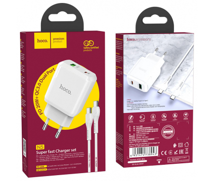 Incarcator Retea cu Cablu USB-C HOCO N5, 20W, 3A, 1 x USB-A - 1 x USB-C, Alb