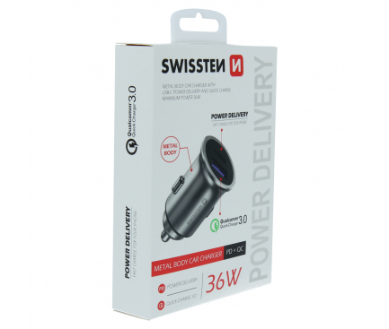 Incarcator Auto USB Swissten Metal Body, Quick Charge, 36W, 1 X USB - 1 X USB Tip-C, Argintiu 