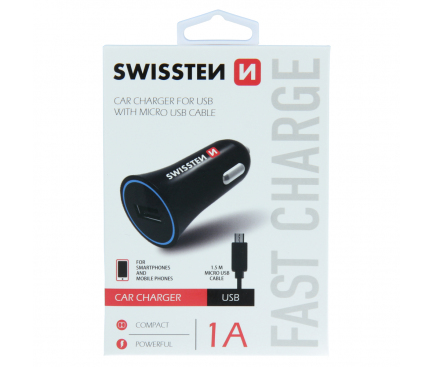 Incarcator Auto cu cablu MicroUSB Swissten, 1.5m, 1A, 1 X USB, Negru 