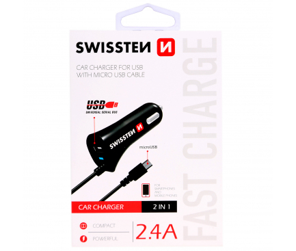 Incarcator Auto cu fir MicroUSB Swissten, 2.4A, 1 X USB, Negru 