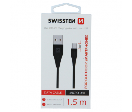 Cablu Date si Incarcare USB la MicroUSB Swissten, 1.5 m, Varianta Conector 9mm, Negru 