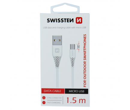 Cablu Date si Incarcare USB la MicroUSB Swissten, 1.5 m, Varianta Conector 9mm, Alb 