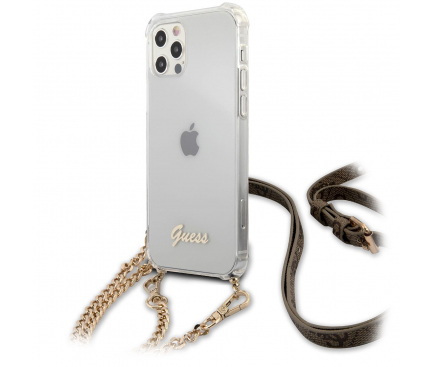 Husa Plastic - TPU Guess 4G Chain pentru Apple iPhone 12 Pro Max, Cu Snur Auriu, Transparenta GUHCP12LKC4GSGO 