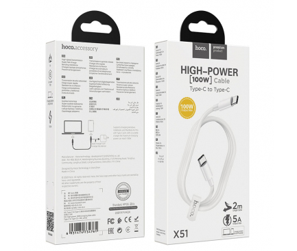 Cablu Date si Incarcare USB Type-C la USB Type-C HOCO X51, 2 m, 100W, Alb 