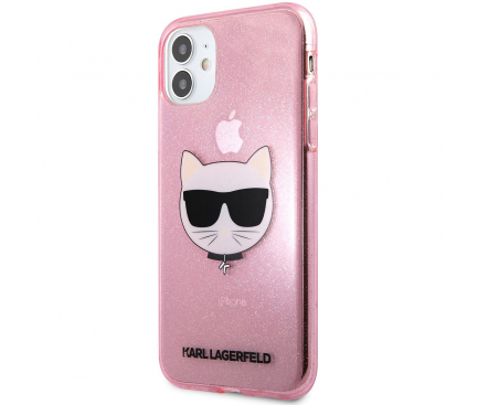 Husa TPU Karl Lagerfeld Choupette Head Glitter pentru Apple iPhone 11, Roz KLHCN61CHTUGLP 