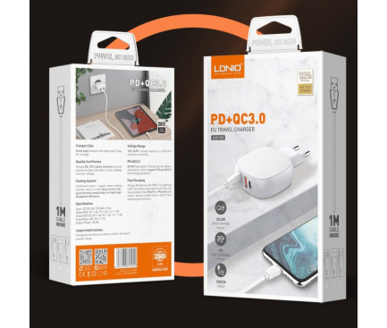Incarcator Retea cu cablu USB Tip-C Ldnio A3510Q, Quick Charge, 28.5W, 1m, 1 X USB Tip-C - 2 X USB, Alb 