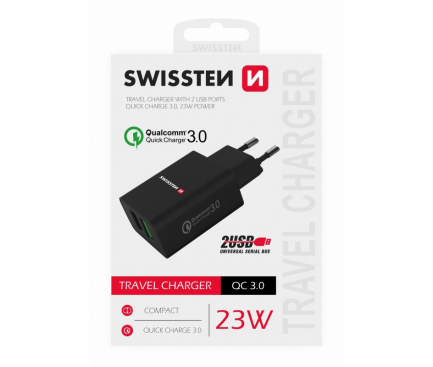 Incarcator Retea USB Swissten Travel, Quick Charge, 23W, 2 X USB, Negru 