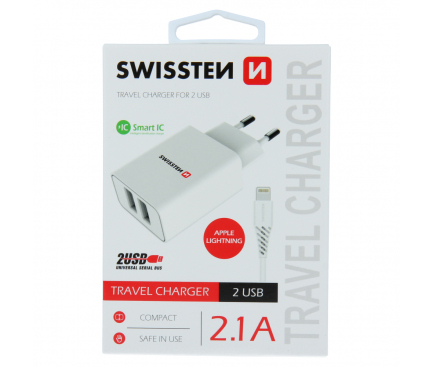 Incarcator Retea cu Cablu Lightning Swissten Travel, 10W, 2.1A, 2 x USB-A, Alb 22055000