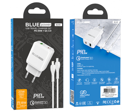 Incarcator Retea cu Cablu Lightning BLUE Power BLN5, 20W, 3A, 1 x USB-A - 1 x USB-C, Alb