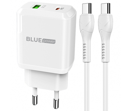 Incarcator Retea cu Cablu USB-C BLUE Power BCN5, 20W, 3A, 1 x USB-A - 1 x USB-C, Alb