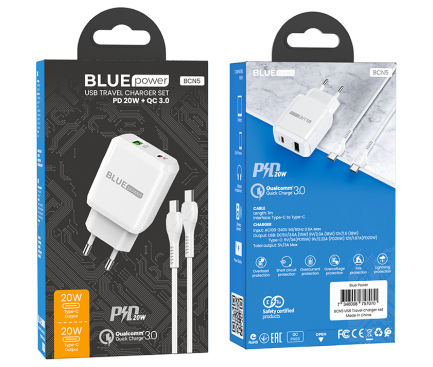 Incarcator Retea cu Cablu USB-C BLUE Power BCN5, 20W, 3A, 1 x USB-A - 1 x USB-C, Alb