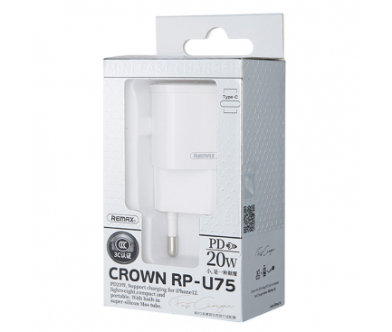 Incarcator Retea USB Remax Crown RP-U75, Quick Charge, 20W, 1 X USB Tip-C, Alb 