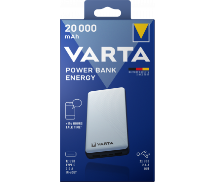 Baterie Externa Varta Energy, 20000mAh, 15W, 1 x USB-A - 1 x USB-C, Alba