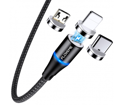 Cablu Incarcare USB la Lightning / USB Type-C / MicroUSB Floveme, 2 m, Magnetic, 3A, Negru 