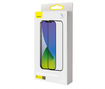 Folie Protectie Ecran Baseus pentru Apple iPhone 12 / Apple iPhone 12 Pro, Sticla securizata, Full Face, Anti-Bluelight, Set 2buc, 0.3mm, Neagra SGAPIPH61P- KB01 