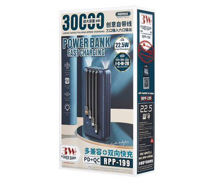 Baterie Externa Powerbank Remax Hunergy RPP-199, 30000 mA, 22.5W, Quick Charge 4 - Power Delivery (PD) - Standard Charge (5V), Albastra 