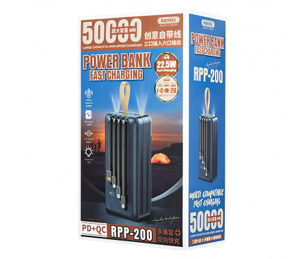 Baterie Externa Powerbank Remax Hunergy RPP-200, 50000 mA, 22.5W, Quick Charge 4 - Power Delivery (PD) - Standard Charge (5V), Albastra