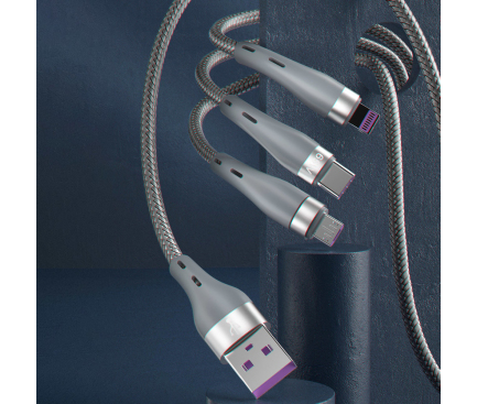Cablu Incarcare USB la Lightning / USB Type-C / MicroUSB Dudao L20X, 1.2 m, 3in1, PD 65W, Gri 