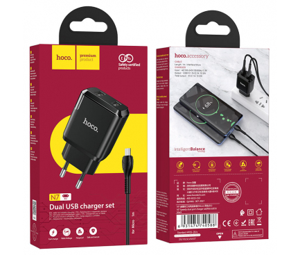 Incarcator Retea cu Cablu microUSB HOCO N7, 10W, 2.1A, 2 x USB-A, Negru
