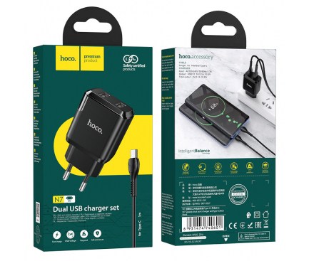 Incarcator Retea cu Cablu USB-C HOCO N7, 10W, 2.1A, 2 x USB-A, Negru
