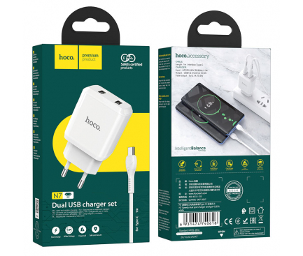 Incarcator Retea cu Cablu USB-C HOCO N7, 10W, 2.1A, 2 x USB-A, Alb