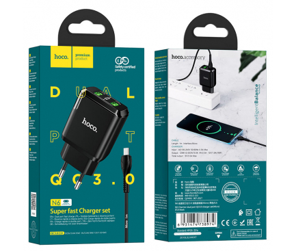 Incarcator Retea cu Cablu microUSB HOCO N6, 18W, 3A, 2 x USB-A, Negru