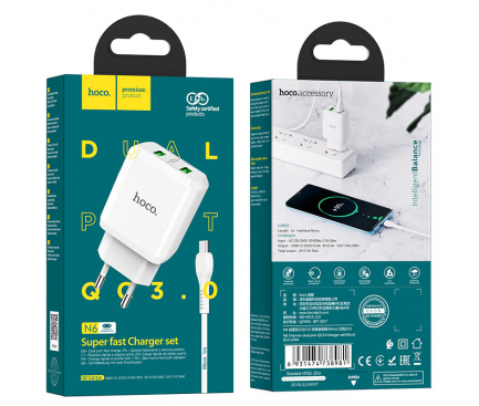 Incarcator Retea cu Cablu microUSB HOCO N6, 18W, 3A, 2 x USB-A, Alb