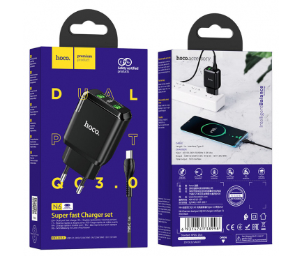 Incarcator Retea cu Cablu USB-C HOCO N6, 18W, 3A, 2 x USB-A, Negru