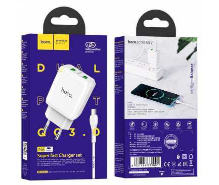 Incarcator Retea cu Cablu USB-C HOCO N6, 18W, 3A, 2 x USB-A, Alb