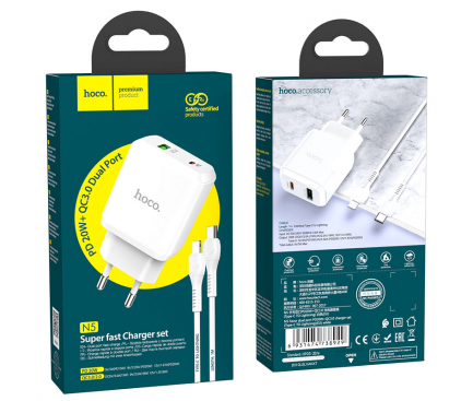 Incarcator Retea cu Cablu Lightning HOCO N5, 20W, 3A, 1 x USB-A - 1 x USB-C, Alb