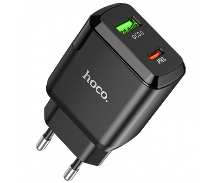 Incarcator Retea cu Cablu USB-C HOCO N5 Favor, 20W, 3A, 1 x USB-A - 1 x USB-C, Negru