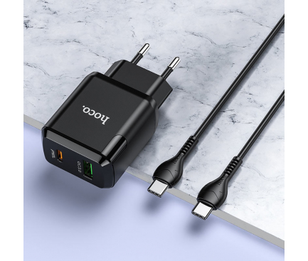 Incarcator Retea cu Cablu USB-C HOCO N5 Favor, 20W, 3A, 1 x USB-A - 1 x USB-C, Negru