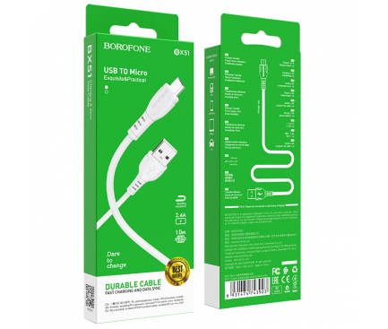 Cablu Date si Incarcare USB-A - microUSB Borofone BX51 Triumph MP, 18W, 1m, Alb