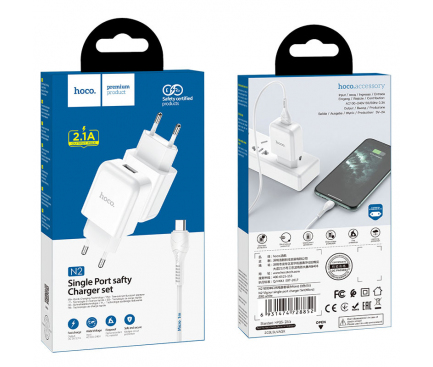 Incarcator Retea cu Cablu microUSB HOCO N2, 10W, 2A, 1 x USB-A, Alb
