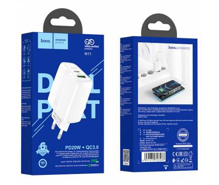 Incarcator Retea USB HOCO N11, Quick Charge, 20W, 1 X USB - 1 X USB Tip-C, Alb 