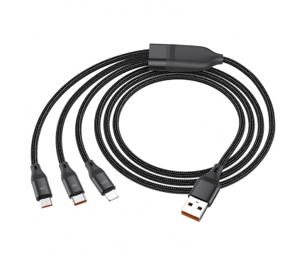 Cablu Incarcare USB la Lightning / USB Type-C / MicroUSB HOCO U104, 1.2 m, 6A, Negru 