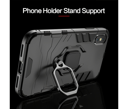 Husa Plastic - TPU OEM Ring Tough Armor Kickstand pentru Apple iPhone X / Apple iPhone XS, Neagra 