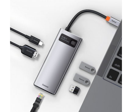 Hub USB-C Baseus Metal Gleam, USB-A 3.0 - USB-C - HDMI - RJ45, Gri CAHUB-CW0G