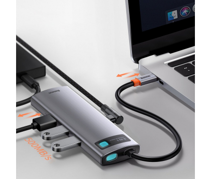 Hub USB-C Baseus, 3 x USB-A 3.0 - USB-C - HDMI - SD - microSD - RJ45, Gri CAHUB-CV0G