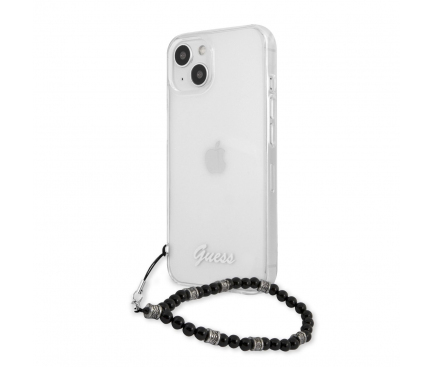 Husa Plastic Guess Script and Black Pearls pentru Apple iPhone 13, Transparenta GUHCP13MKPSBK 
